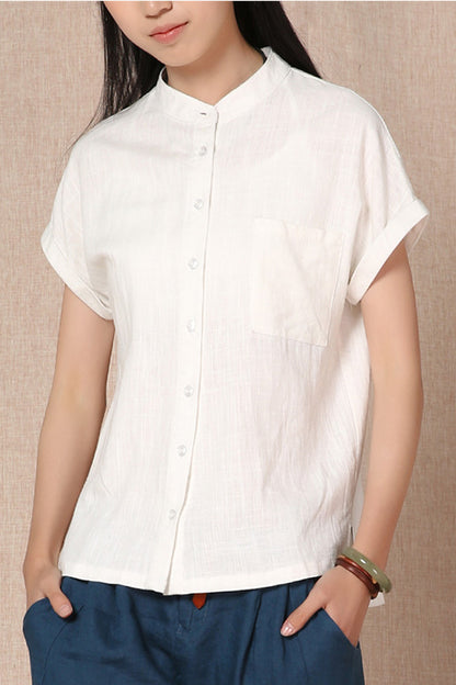 White Linen Cotton Shirt Top - Short Sleeve, Pocket Detail 3685
