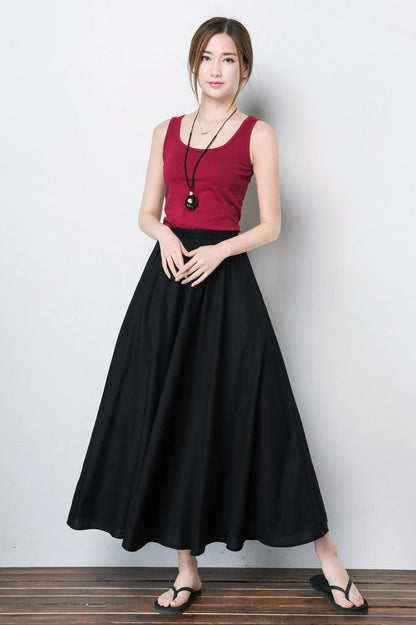 Navy Linen Blend Maxi Skirt - Pleated, Elastic Waist 4101