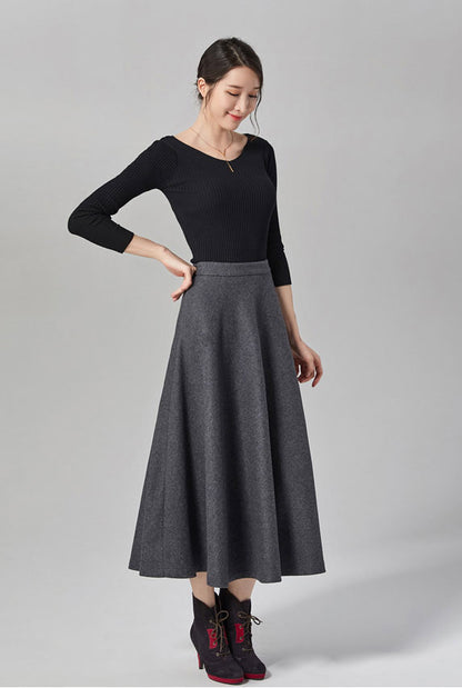Plaid Wool Maxi Skirt - High Waist Flowy Autumn Essential J104