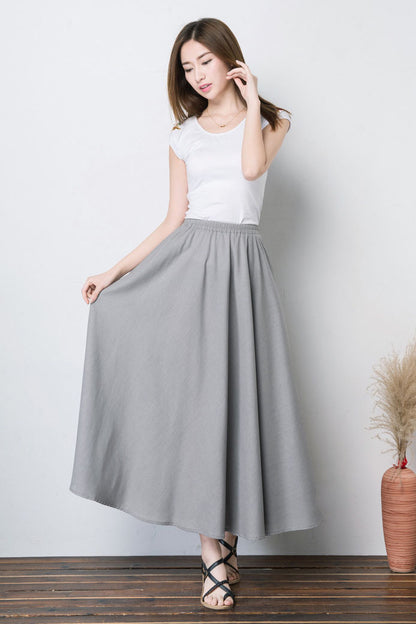 Navy Linen Blend Maxi Skirt - Pleated, Elastic Waist 4101