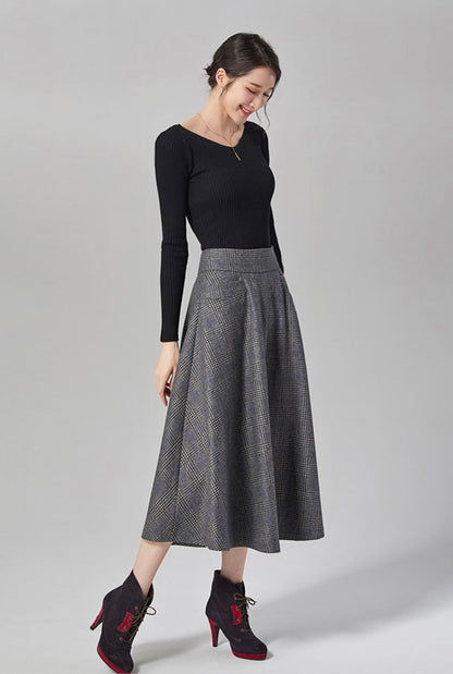 Plaid Wool Midi Skirt - High Waist with Pockets J107