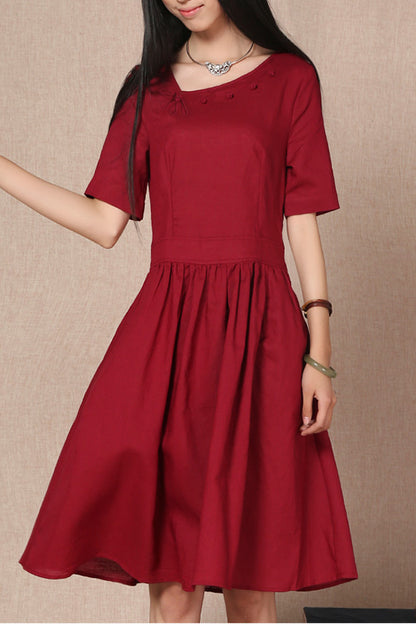 Burgundy Cotton Linen Dress - Short Sleeve, Gathered Waist 3690