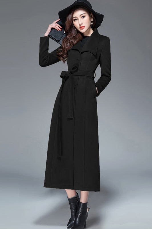 Black Long Warm Wool Coat 3987