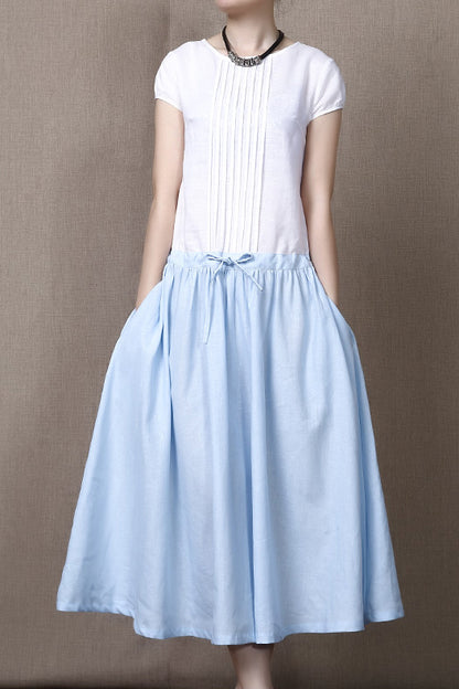 New Cotton Linen Round Neck Summer Midi Dress 3688