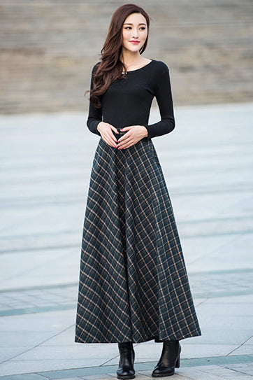 Black & Brown Plaid Wool A-Line Skirt - Ankle Length with Pockets 3917