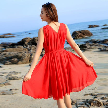 Red Chiffon Midi Dress - Sleeveless V-Neck Loose Fit 2947