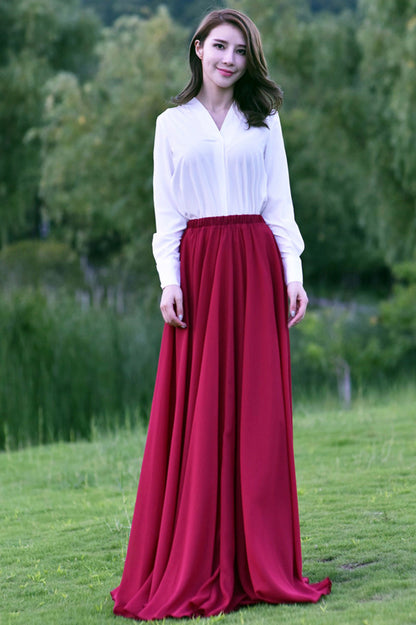 Chiffon Pleated Maxi Skirt - Elastic Waist, Lined | Xiaolizi 3505