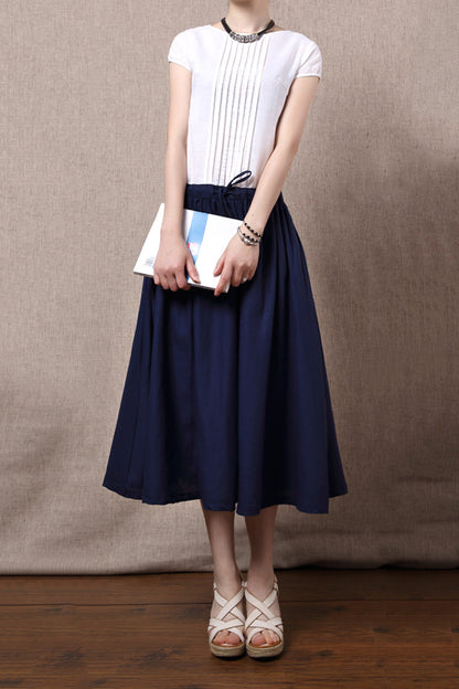 New Cotton Linen Round Neck Summer Midi Dress 3688