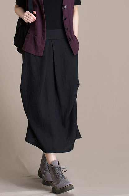 Black Linen Maxi Skirt - A-Line High Waist Autumn Layer J084-6