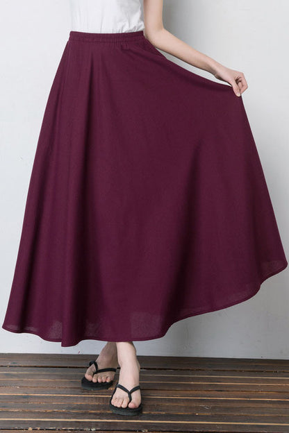 Navy Linen Blend Maxi Skirt - Pleated, Elastic Waist 4101