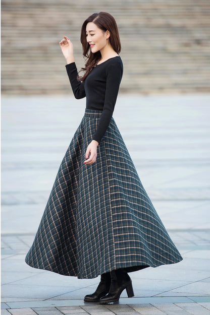 Black & Brown Plaid Wool A-Line Skirt - Ankle Length with Pockets 3917