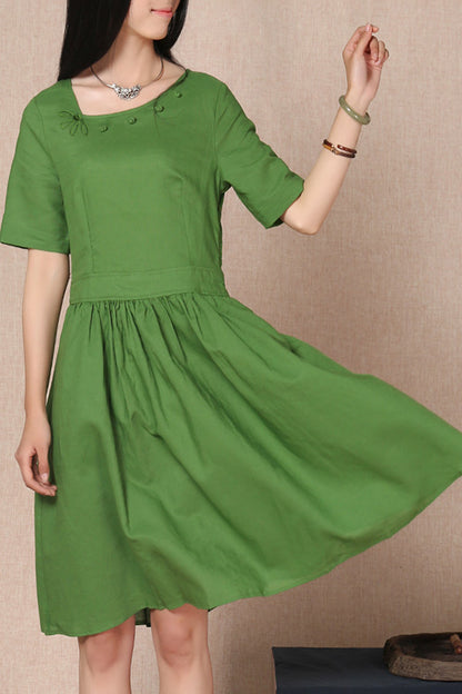 Burgundy Cotton Linen Dress - Short Sleeve, Gathered Waist 3690