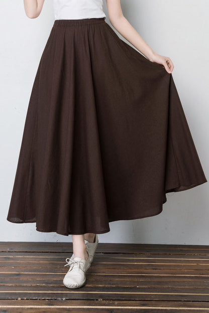 Navy Linen Blend Maxi Skirt - Pleated, Elastic Waist 4101