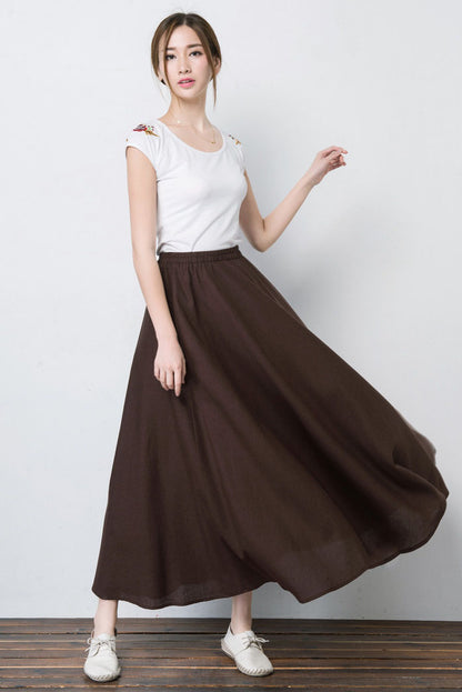 Navy Linen Blend Maxi Skirt - Pleated, Elastic Waist 4101