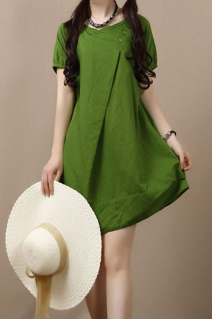 White Cotton Linen Short Sleeve Dress - Loose Fit, Round Neck 3683