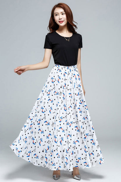 Printed Chiffon Maxi Skirt - Elastic Waist, Swing Silhouette 3608
