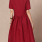 Summer Pure Color Short Sleeve Cotton Linen Dress 3690
