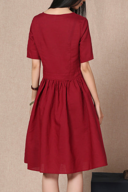Burgundy Cotton Linen Dress - Short Sleeve, Gathered Waist 3690