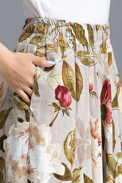 Beige Floral Linen Maxi Skirt - Pleated High Waist Swing Silhouette 3609