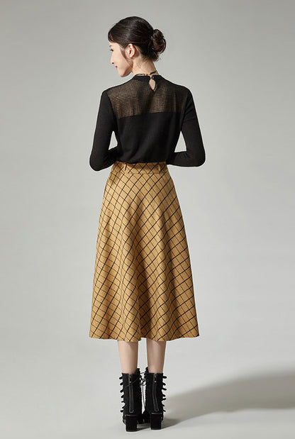 Blue Wool Midi Skirt - High Waist Plaid A-Line Silhouette J115