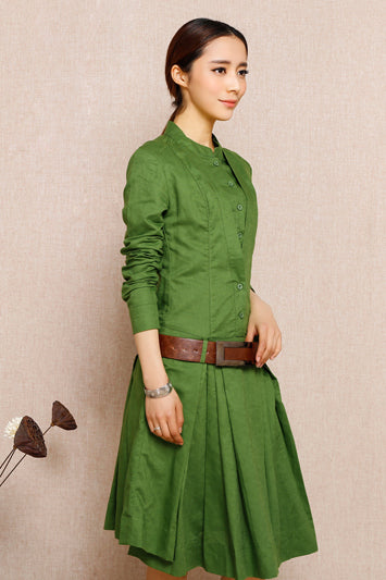 Light Blue Linen Dress - Long Sleeve with Front Button Closure 3681