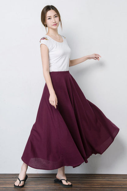 Navy Linen Blend Maxi Skirt - Pleated, Elastic Waist 4101