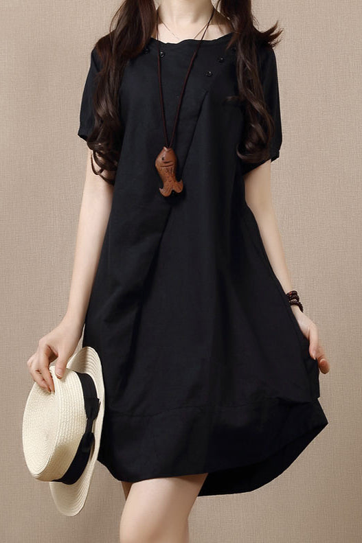 Summer New Cotton Linen Women Loose Short Sleeve Dress 3683