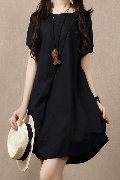 White Cotton Linen Short Sleeve Dress - Loose Fit, Round Neck 3683