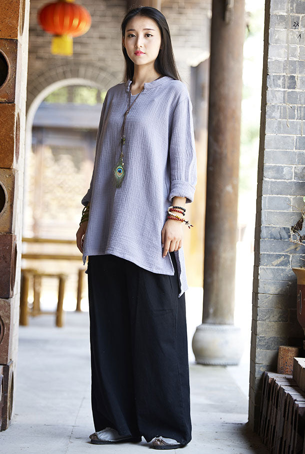 Loose fitting flapper pants with elastic waist linen straight trousers slimming J091