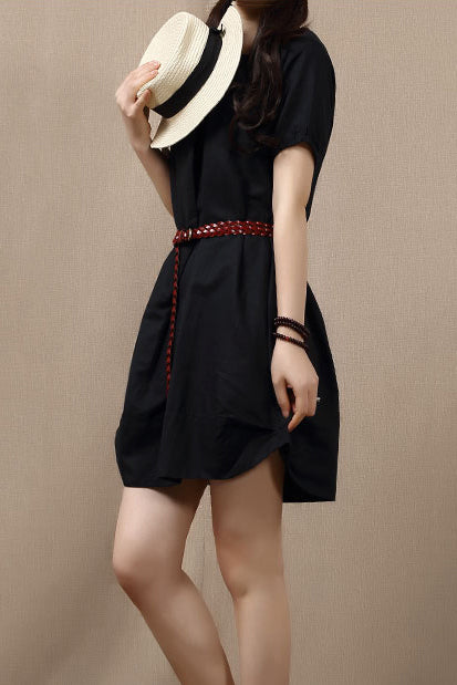 White Cotton Linen Short Sleeve Dress - Loose Fit, Round Neck 3683