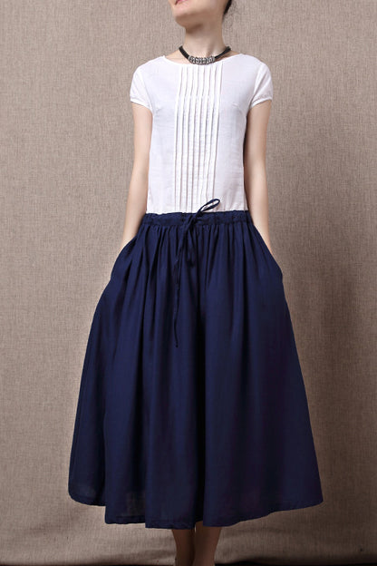 New Cotton Linen Round Neck Summer Midi Dress 3688