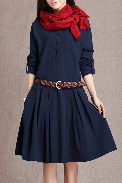 Navy Cotton Linen Midi Dress - Button-Up with Side Pockets 3682