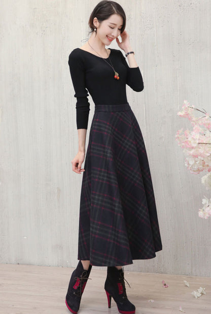 Plaid Wool Midi A-Line Skirt with Pockets - High Waist Autumn Essential J103
