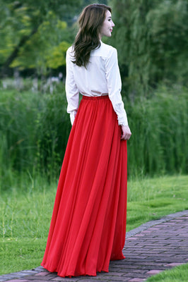 Chiffon Pleated Maxi Skirt - Elastic Waist, Lined | Xiaolizi 3505