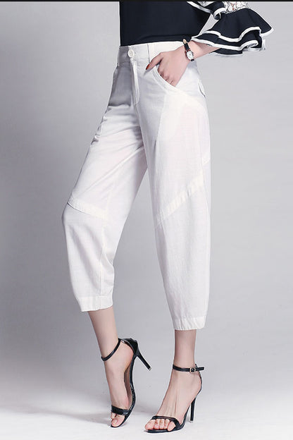 White Linen Wide Leg Pants - Casual Comfort with Front Pockets 3527