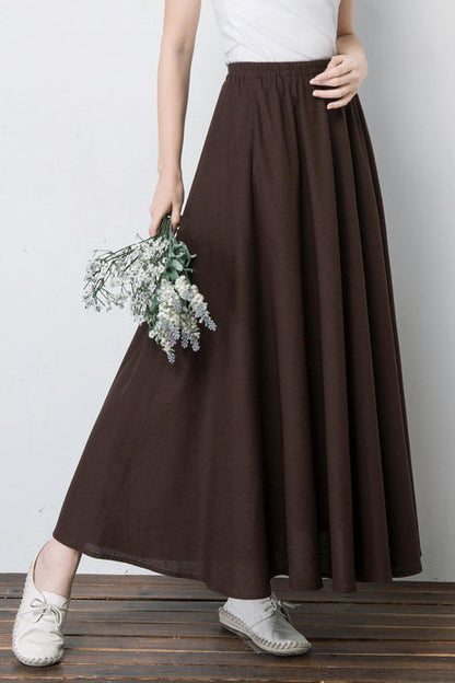 Navy Linen Blend Maxi Skirt - Pleated, Elastic Waist 4101