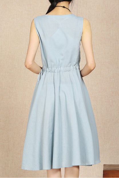 Light Blue Cotton Linen Dress - Sleeveless Flowy with Round Neck 3689