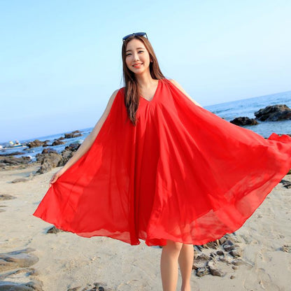 Red Chiffon Midi Dress - Sleeveless V-Neck Loose Fit 2947