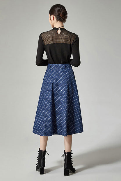 Blue Wool Midi Skirt - High Waist Plaid A-Line Silhouette J115