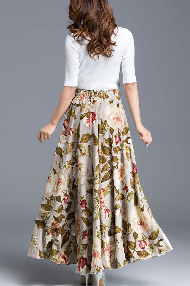 Floral Pleated Linen Maxi Skirt 3609