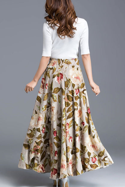 Beige Floral Linen Maxi Skirt - Pleated High Waist Swing Silhouette 3609