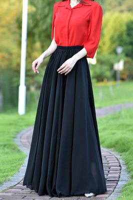Chiffon Pleated Maxi Skirt - Elastic Waist, Lined | Xiaolizi 3505