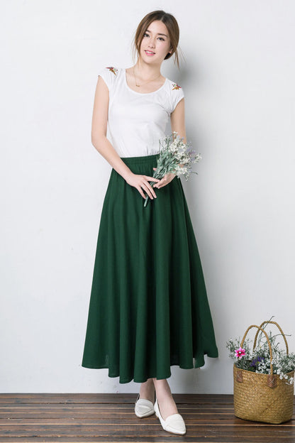 Navy Linen Blend Maxi Skirt - Pleated, Elastic Waist 4101
