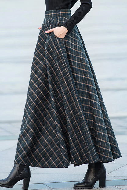 Black & Brown Plaid Wool A-Line Skirt - Ankle Length with Pockets 3917