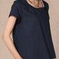 New Simple Summer Pure Color Linen Round Neck Tops 3686