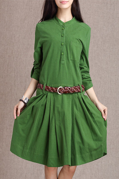 Navy Cotton Linen Midi Dress - Button-Up with Side Pockets 3682