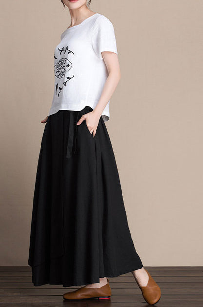Black Cotton and Linen Midi Skirt - A-Line Silhouette with High Waist J084-5