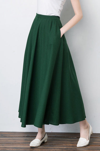Navy Linen Blend Maxi Skirt - Pleated, Elastic Waist 4101