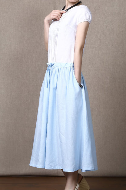 New Cotton Linen Round Neck Summer Midi Dress 3688