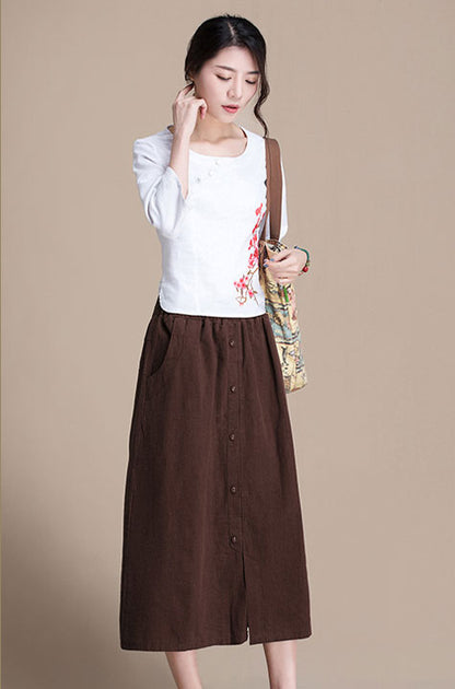 Black Linen Midi Skirt - A-Line Silhouette with Button Front J084-4